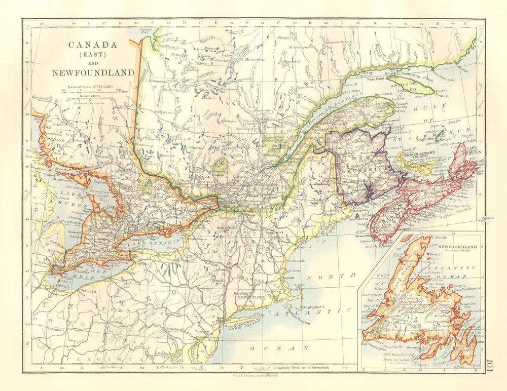 EASTERN CANADA. St Lawrence. Ontario Quebec Maritime Provinces JOHNSTON 1920 map