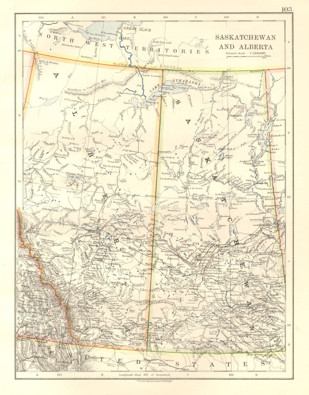ALBERTA & SASKATCHEWAN. Canadian Prairies. Railroads. JOHNSTON 1920 old map