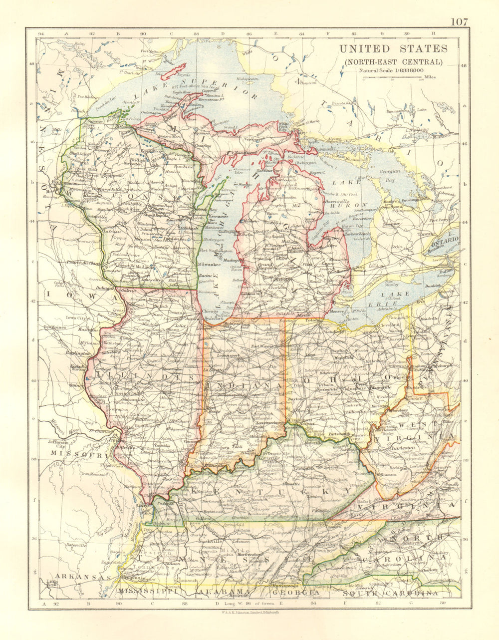 USA MID WEST. Wisconsin Michigan Illinois Ohio Indiana Kentucky TN 1920 map