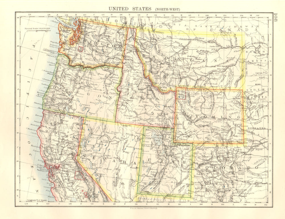 USA NORTH WEST. Washington Oregon ID MT WY Utah Nevada CA. JOHNSTON 1920 map