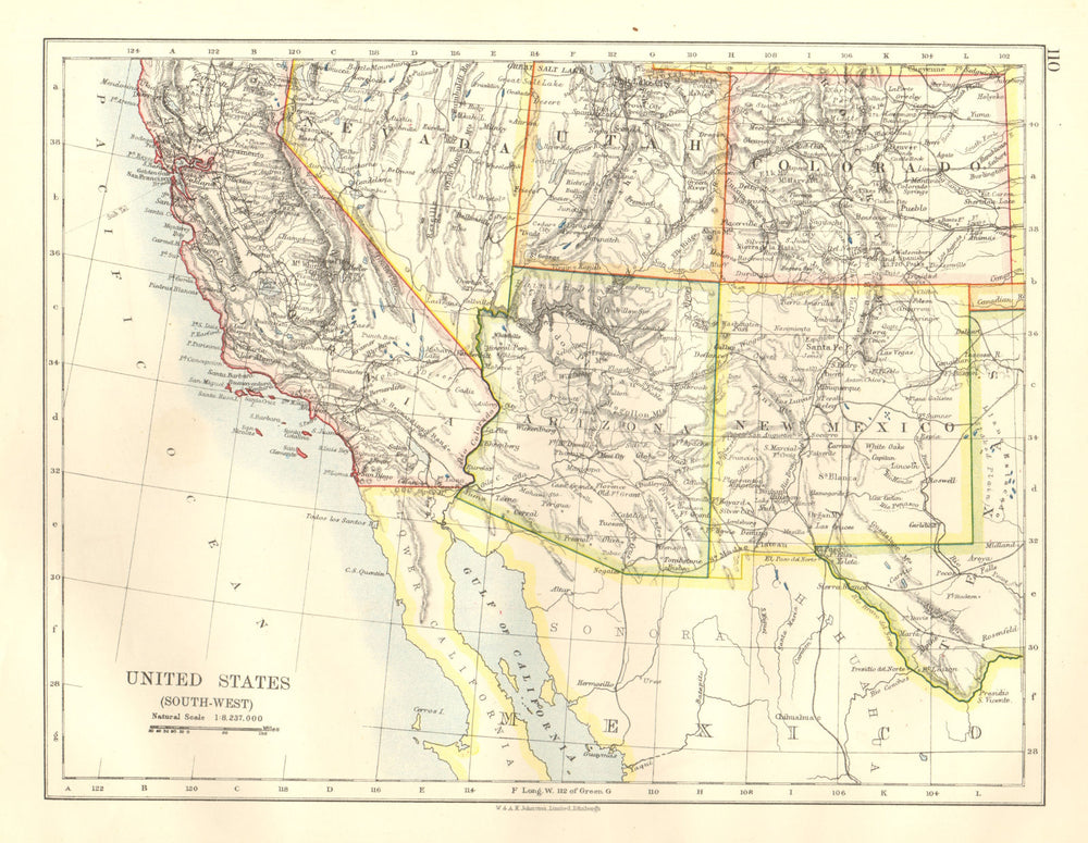 USA SOUTH WEST. California Arizona NM Colorado Utah Nevada. JOHNSTON 1920 map