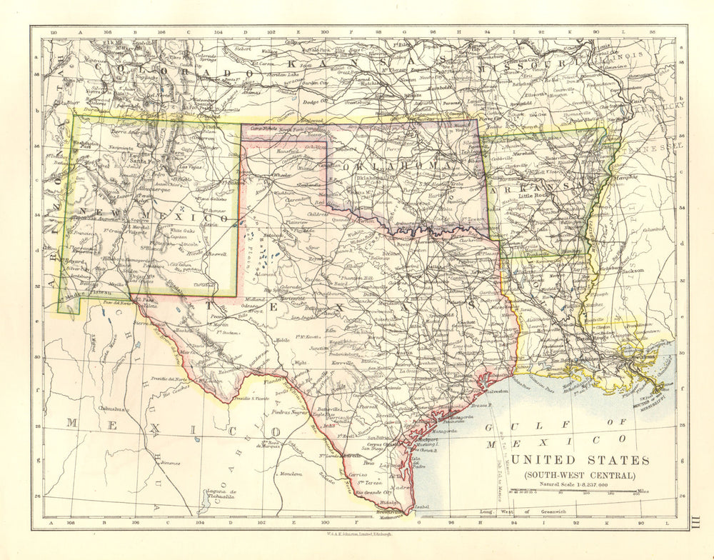 USA SOUTH CENTRAL.Texas Oklahoma Arkansas New Mexico Louisiana 1920 old map