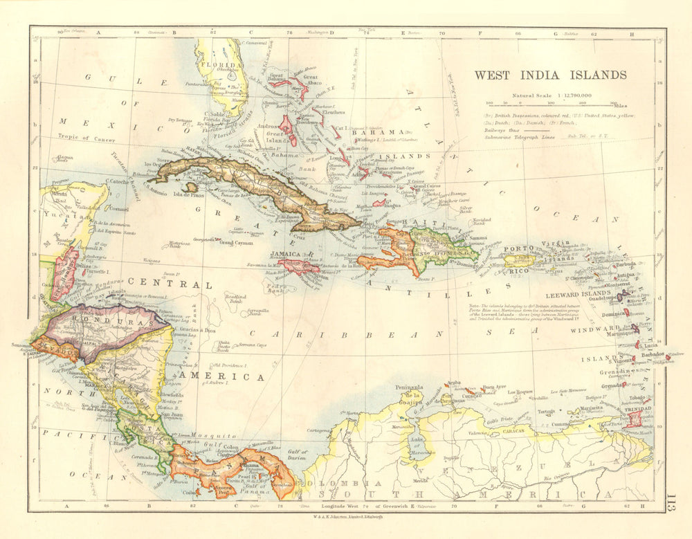 WEST INDIES. Caribbean Bahamas Windward Leeward Islands. JOHNSTON 1920 old map