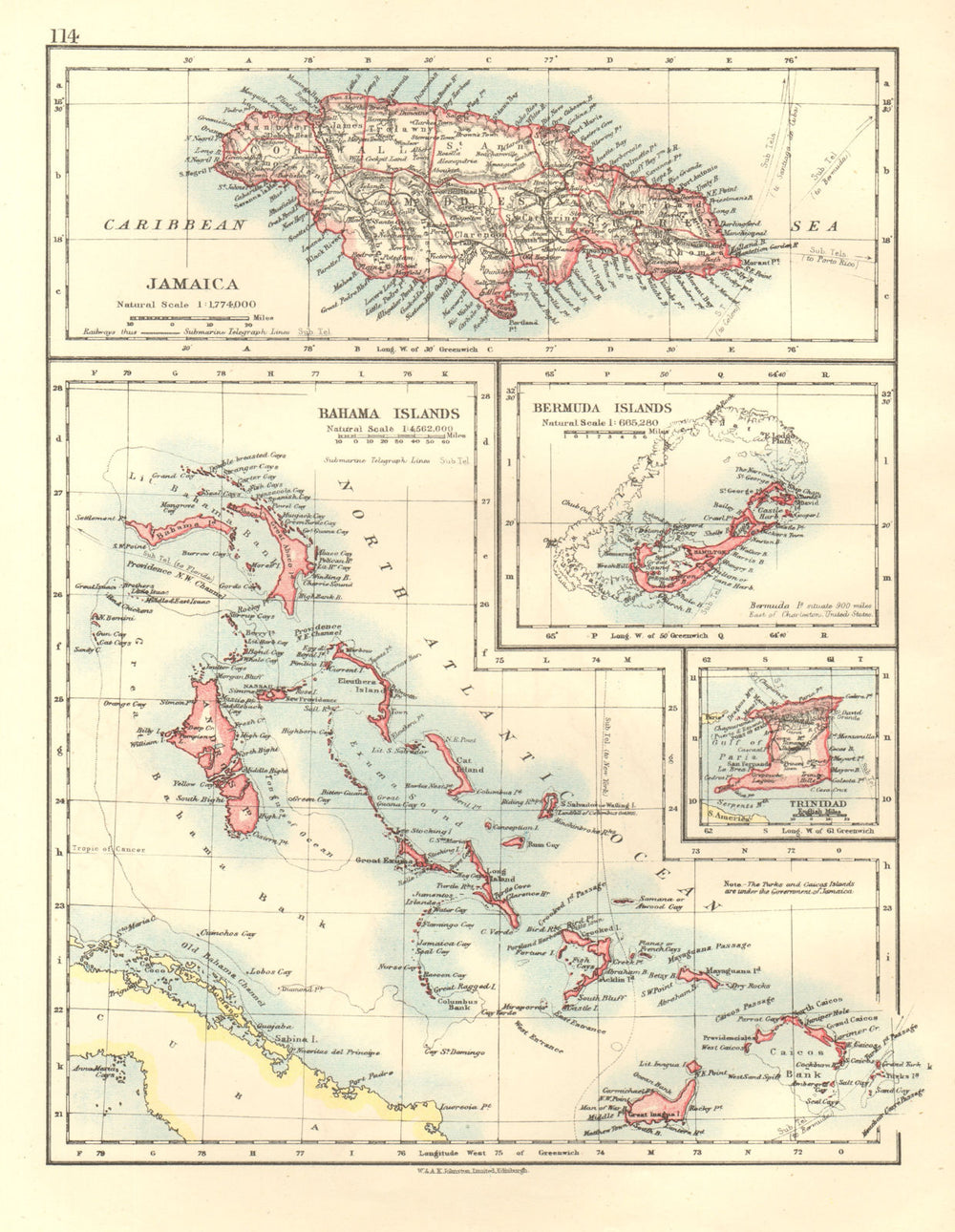 CARIBBEAN/ATLANTIC ISLANDS.Jamaica Bermuda Bahamas Trinidad. JOHNSTON 1920 map