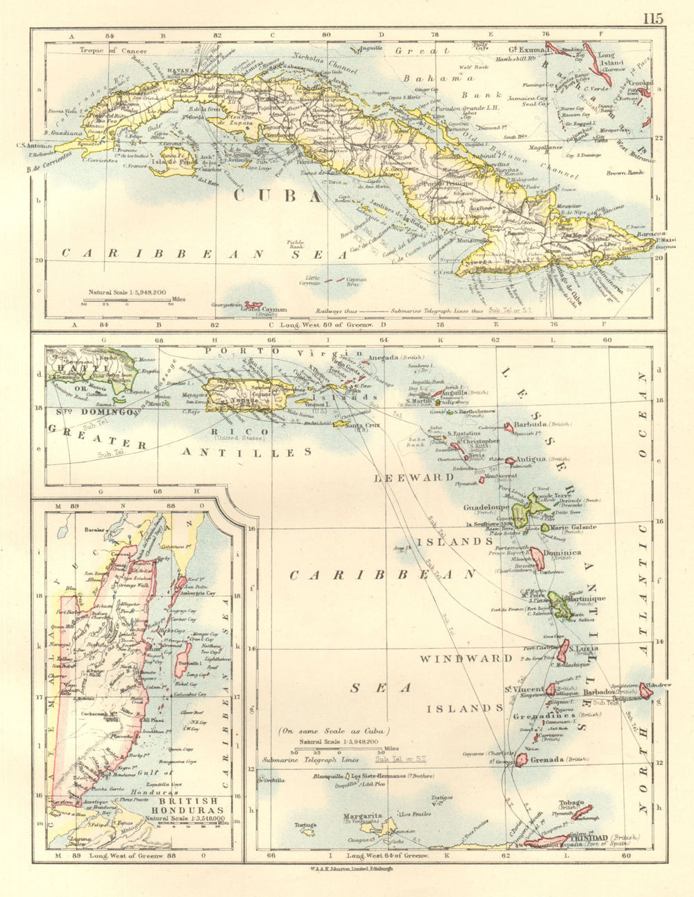 CARIBBEAN ISLANDS.Cuba British Honduras Windward/Leeward. JOHNSTON 1920 map