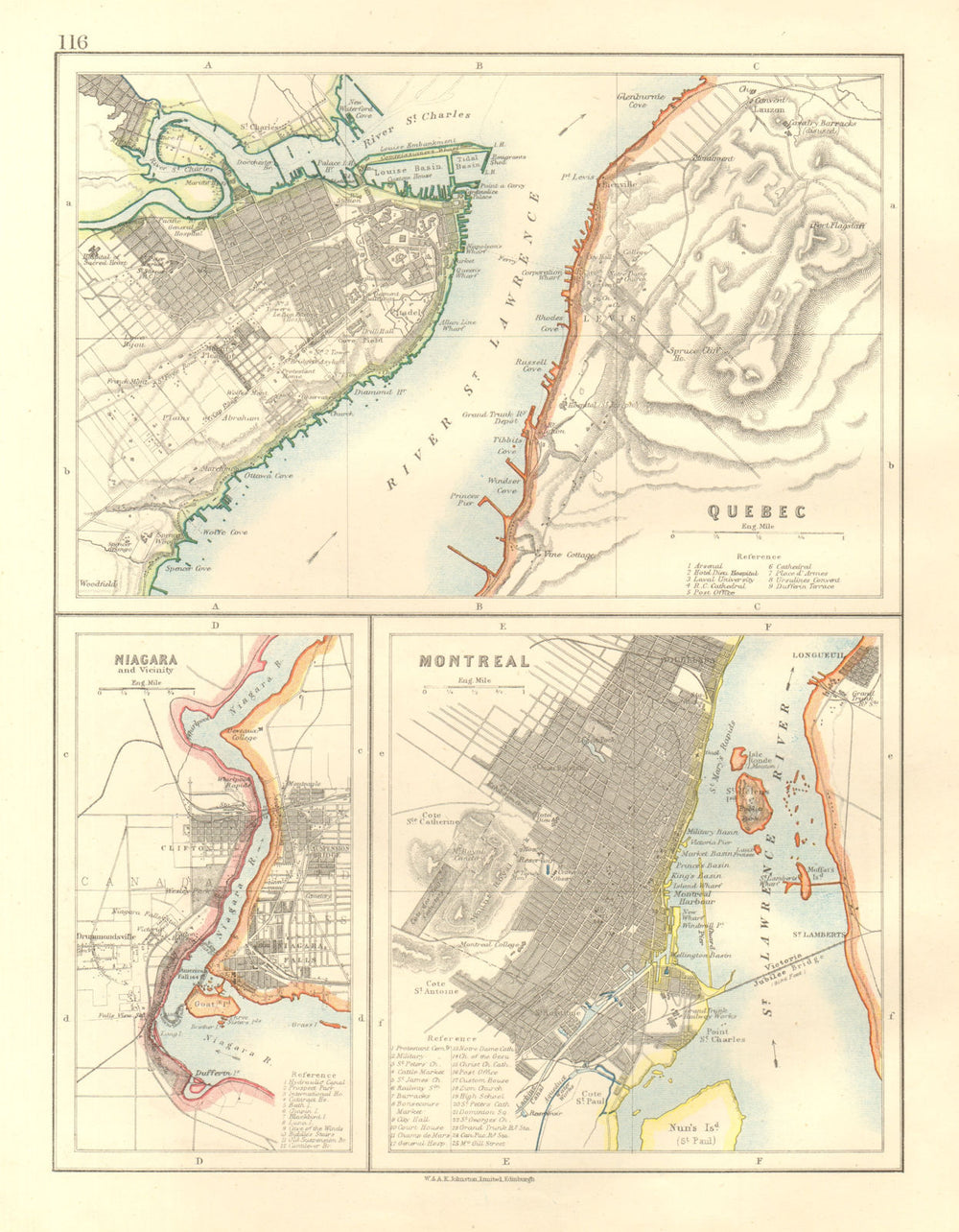 CANADIAN CITIES.Quebec Montreal Montréal Niagara Falls plans. JOHNSTON 1920 map