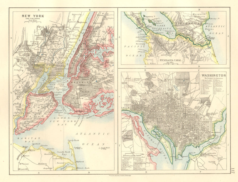 US CITIES/NICARAGUA CANAL.New York & Washington plans. JOHNSTON 1920 old map