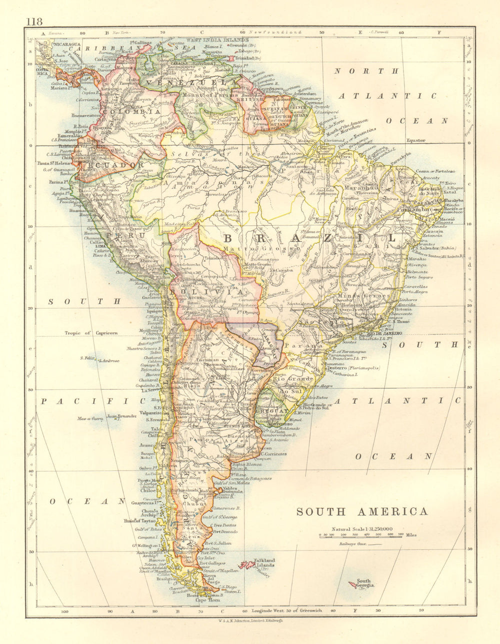 SOUTH AMERICA. Bolivia includes Gran Chaco, now in Paraguay. JOHNSTON 1920 map