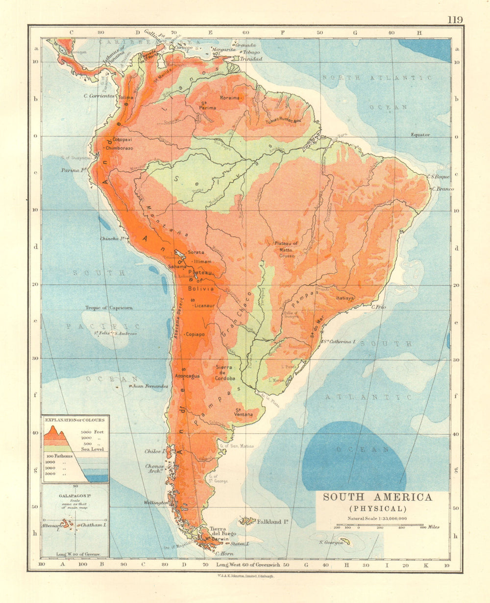 SOUTH AMERICA PHYSICAL. Inset West-East cross section. JOHNSTON 1920 old map