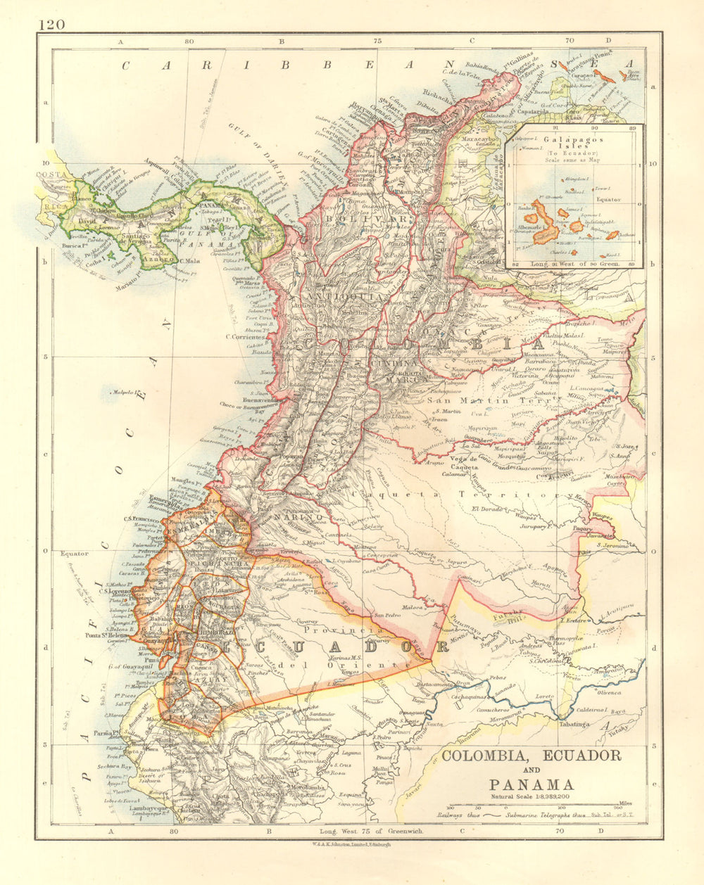 ANDEAN STATES. Colombia Ecuador Panama. South America. JOHNSTON 1920 old map