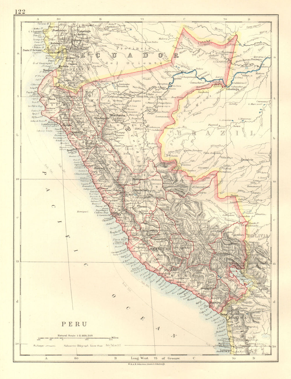 PERU. Border as before Peru-Ecuador war (1941). JOHNSTON 1920 old antique map