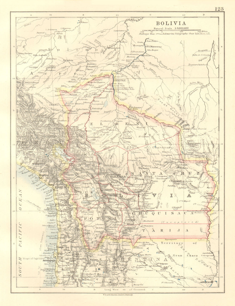 BOLIVIA inc. North Gran Chaco lost to Paraguay in 1932-35 war. JOHNSTON 1920 map
