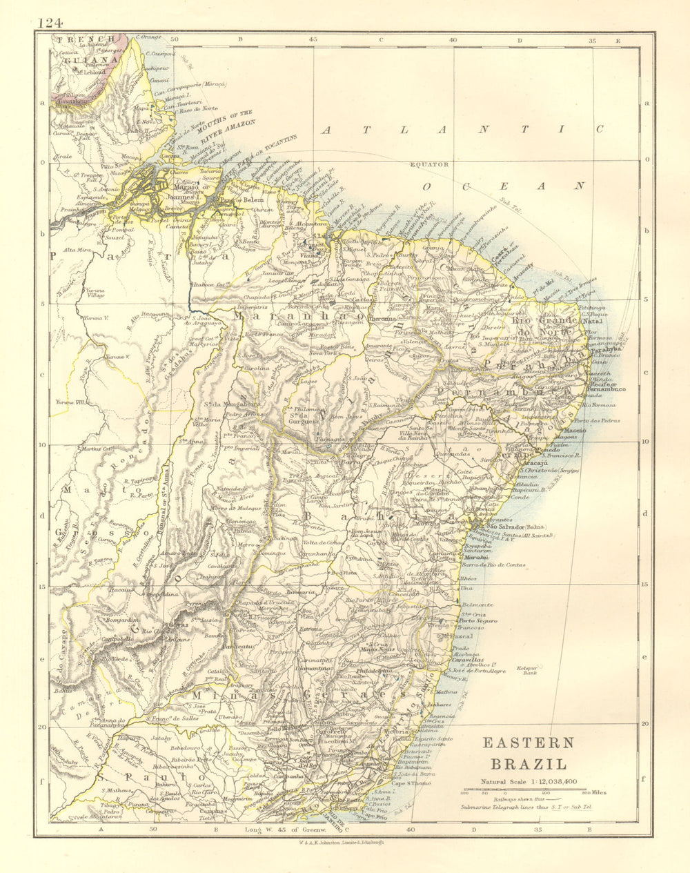 EASTERN BRAZIL. Bahia Minas Gerais Pernambuco Marabhao. JOHNSTON 1920 old map