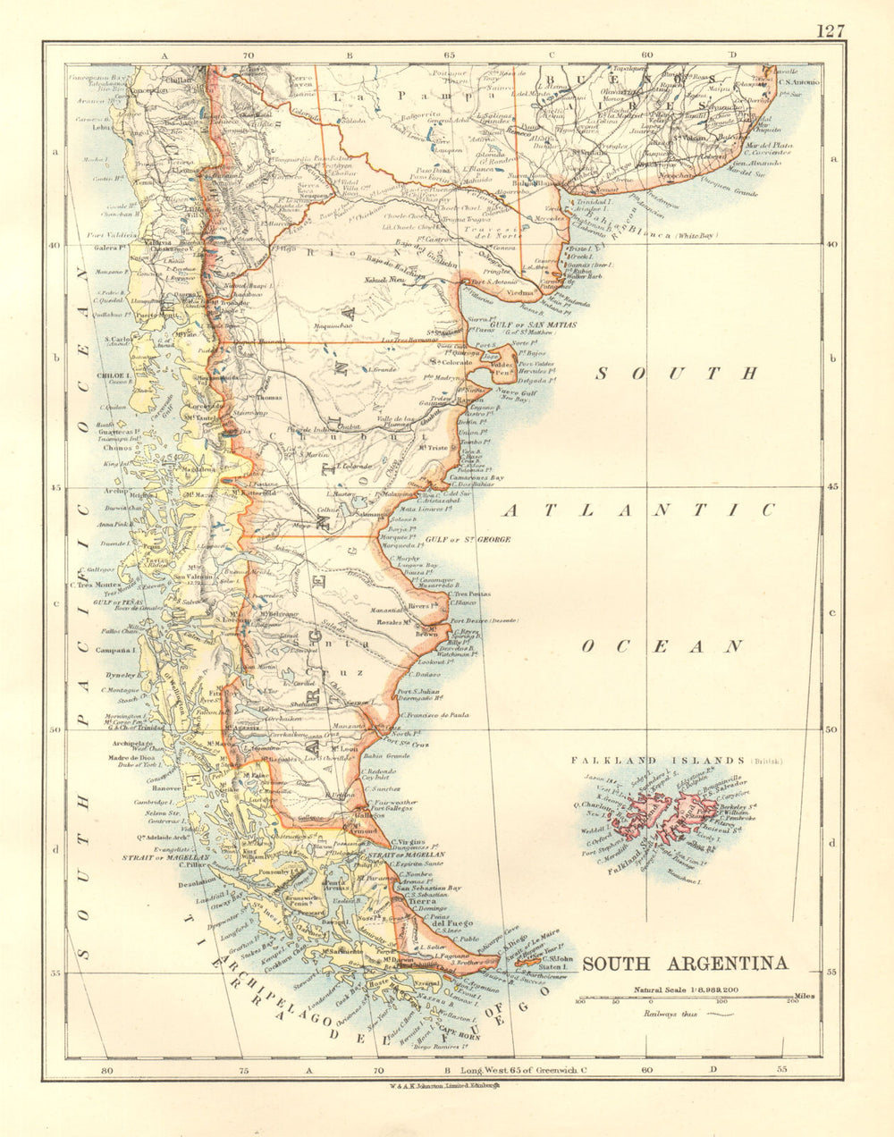 PATAGONIA. Southern Argentina & Chile. Falkland Islands. JOHNSTON 1920 old map