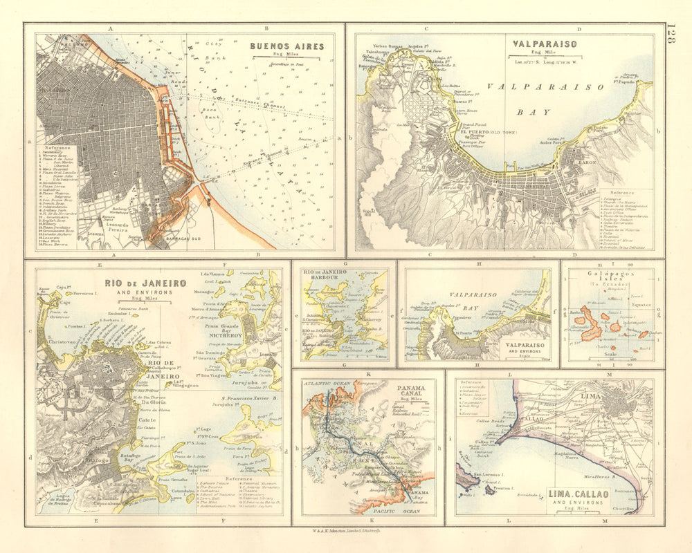 S AMERICA CITIES. Buenos Aires Rio de Janeiro Valparaiso Lima. JOHNSTON 1920 map