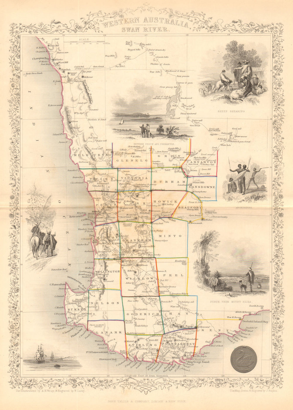 WESTERN AUSTRALIA, SWAN RIVER. Perth vignette. Counties.TALLIS/RAPKIN 1849 map