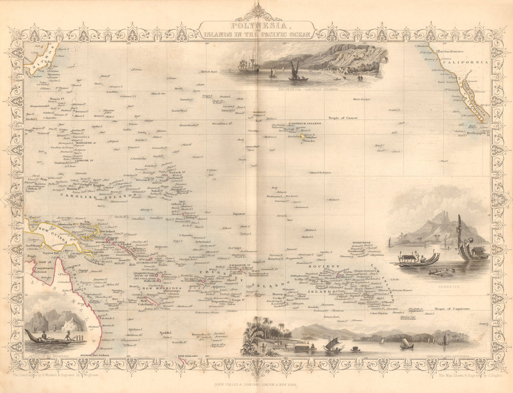 POLYNESIA/PACIFIC ISLANDS. inc Sandwich/Hawaiian islands.TALLIS/RAPKIN 1849 map