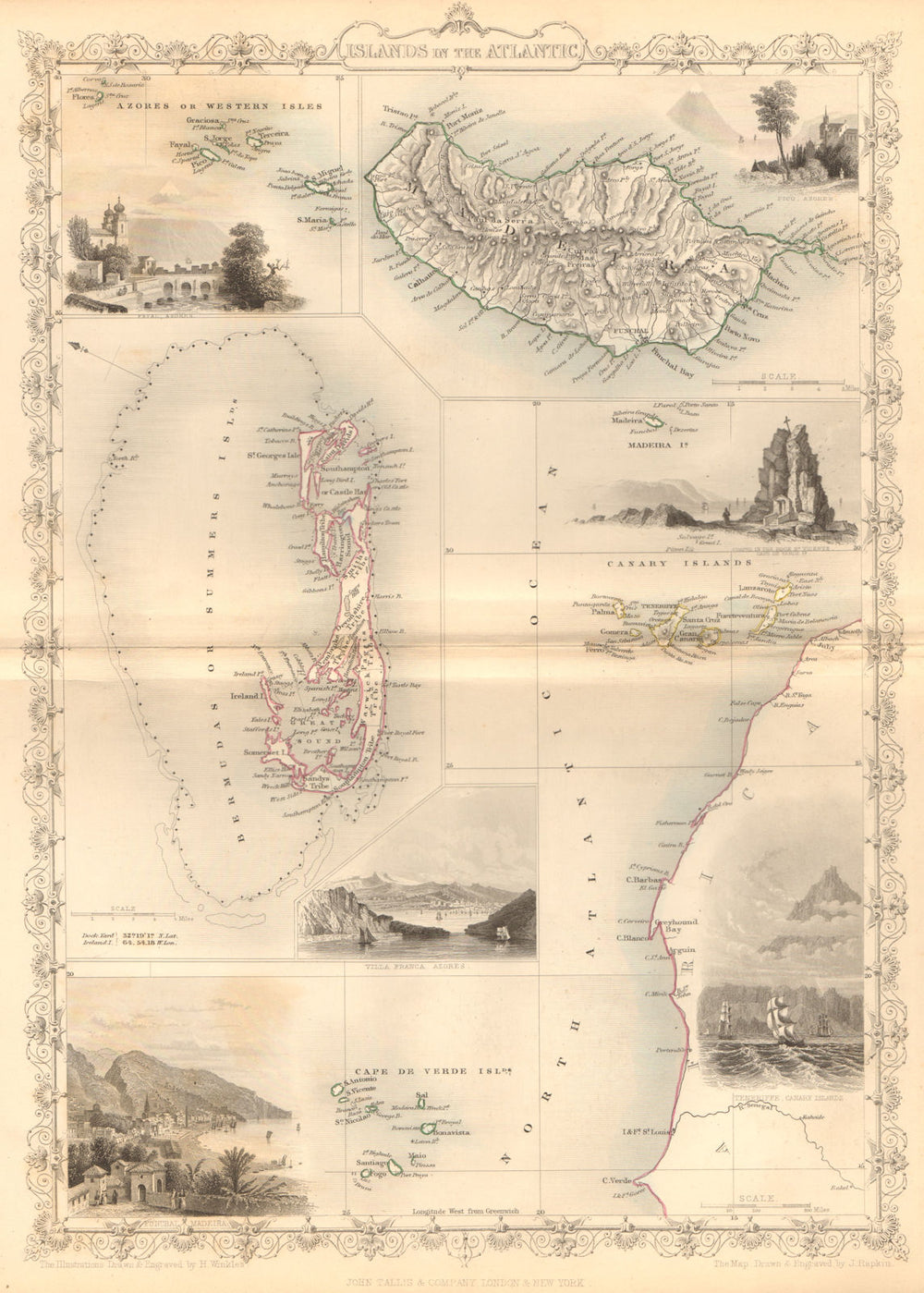 ATLANTIC ISLANDS. Bermuda Madeira Canaries.Tenerife view.TALLIS/RAPKIN 1849 map