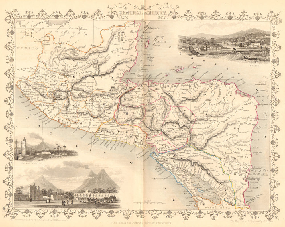 CENTRAL AMERICA. Antigua Guatemala & Belize City views. TALLIS/RAPKIN 1849 map