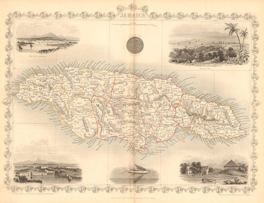JAMAICA. Counties/parishes. Sugar Mill & Kingston views. TALLIS/RAPKIN 1849 map