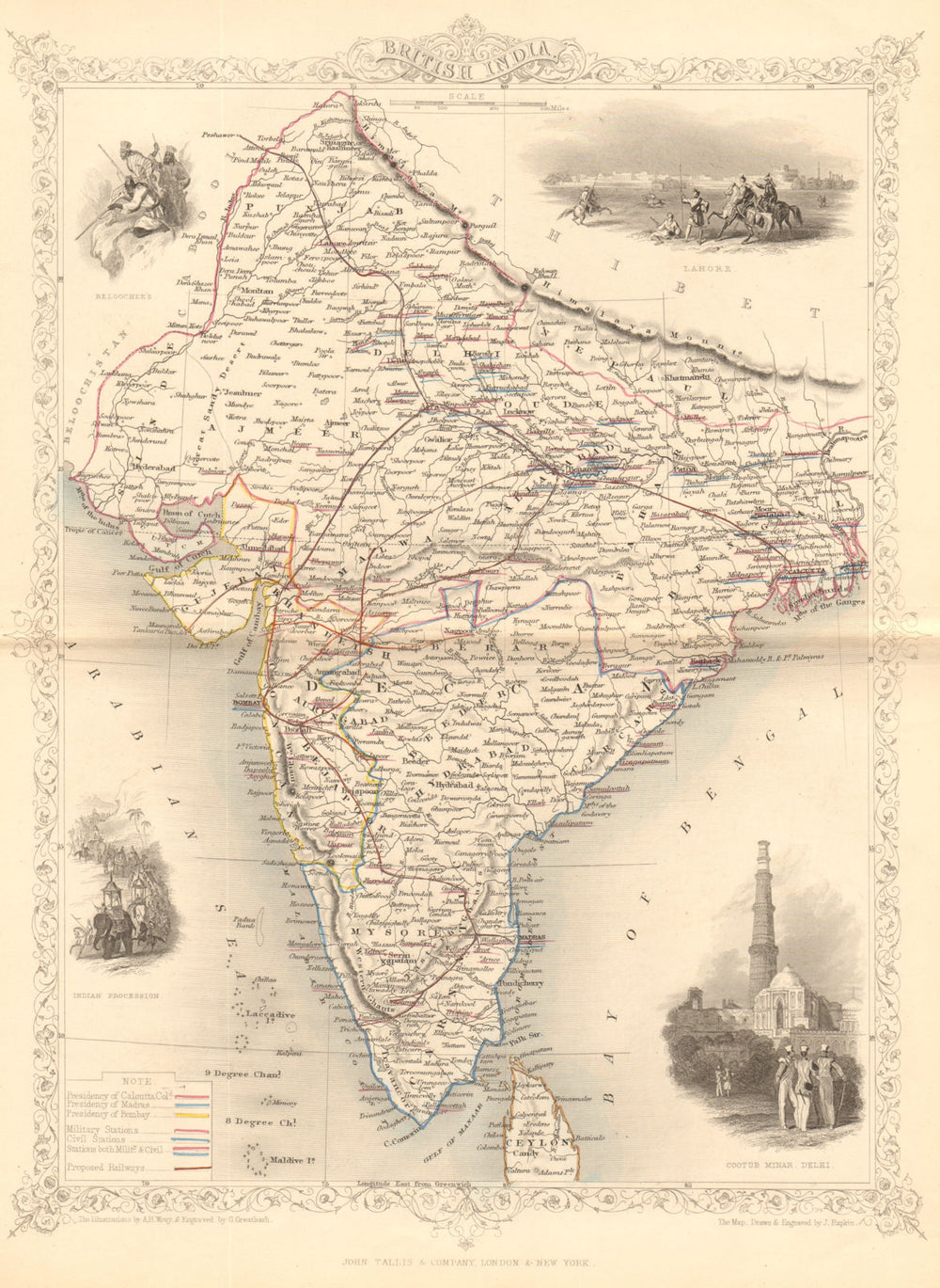 BRITISH INDIA. shows 'Proposed Railways'. Military bases.TALLIS/RAPKIN 1849 map