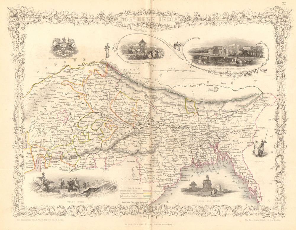 NORTHERN INDIA. British colonies &c. Nepal Bhutan Bengal.TALLIS/RAPKIN 1849 map
