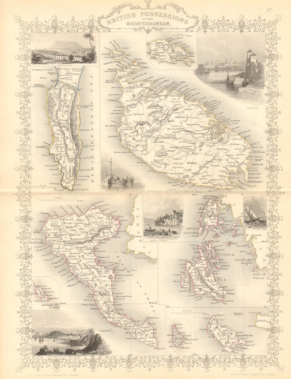 MEDITERRANEAN. Gib Malta Corfu Zante Cephalonia Lefkada.TALLIS/RAPKIN 1849 map