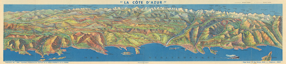 Côte d'Azur panorama. Toulon-St Tropez-Cannes-Nice-Monaco-Menton. ESSI 1947 map