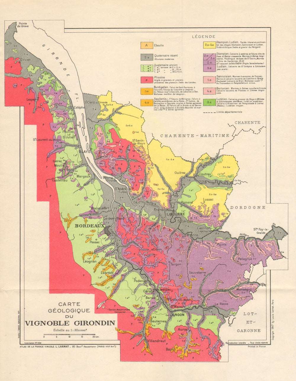 BORDEAUX WINE GEOLOGY. Carte géologique du Vignoble Girondin. LARMAT 1947 map