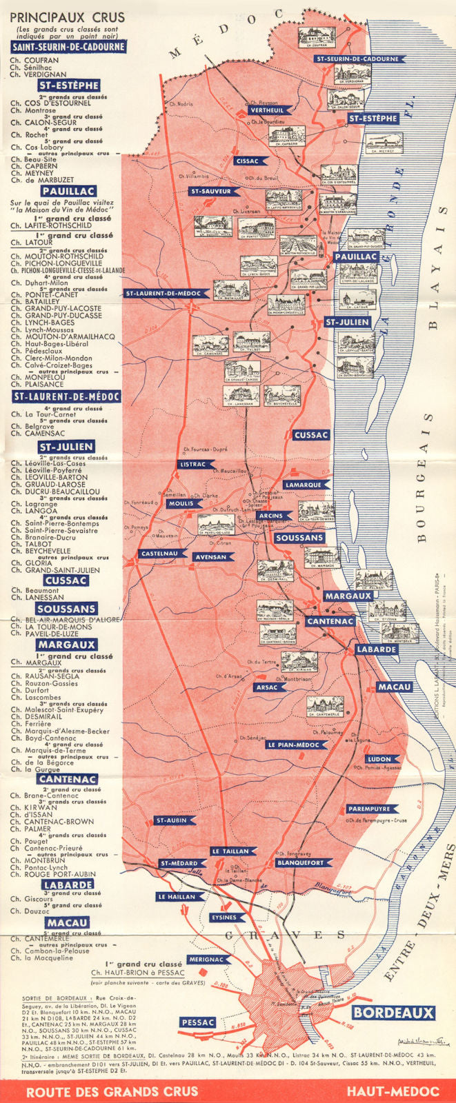 BORDEAUX WINE TOURING MAP. Route des Grands Crus - Haut-Médoc. LARMAT c1947