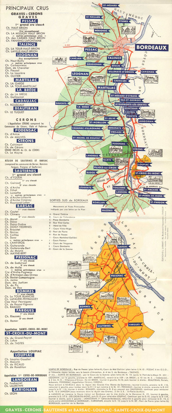 BORDEAUX WINE TOURING MAP. Graves Cerons Sauternes Barsac Loupiac. LARMAT c1947