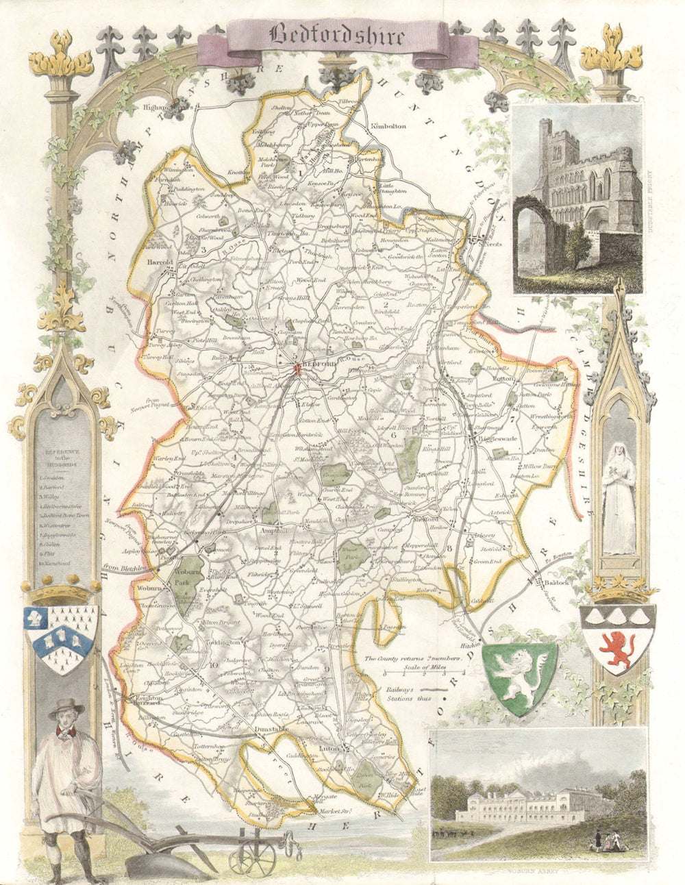 Bedfordshire antique hand-coloured county map by Thomas Moule c1840 old