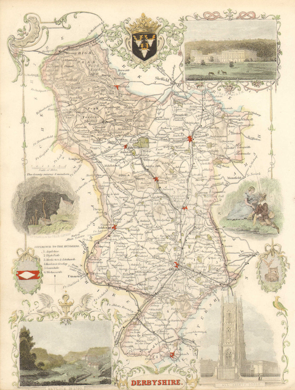 Derbyshire antique hand-coloured county map by Thomas Moule c1840 old