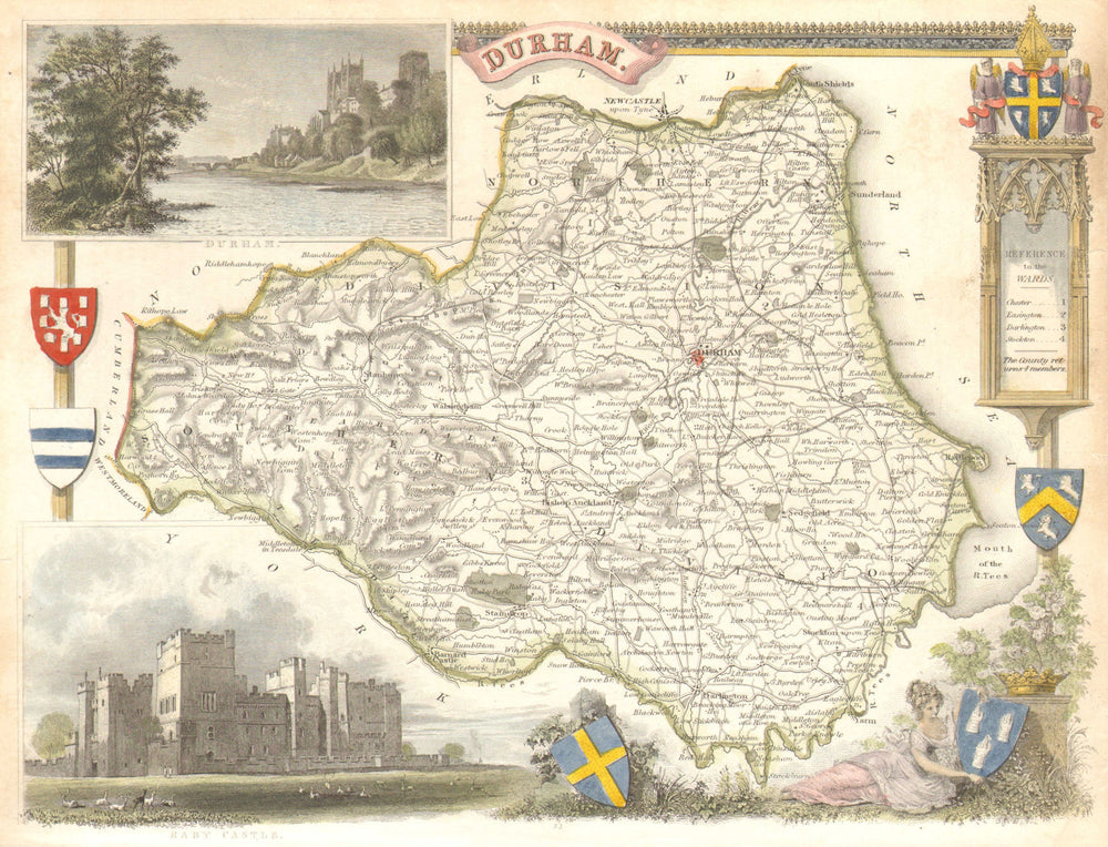 Durham antique hand-coloured county map by Thomas Moule c1840 old