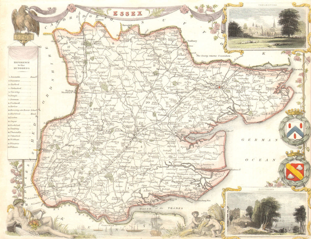 Essex antique hand-coloured county map by Thomas Moule c1840 old