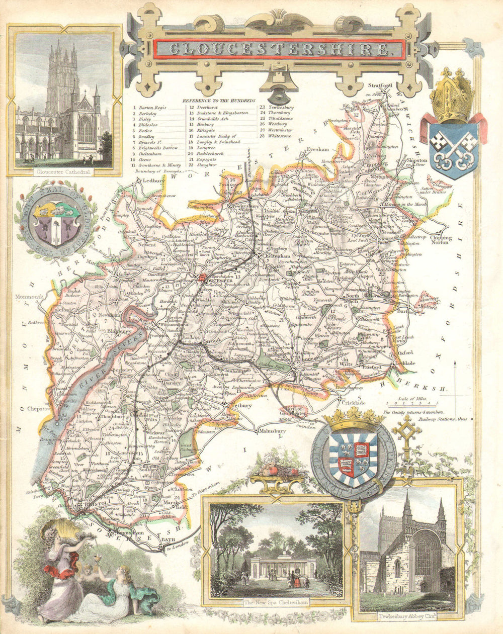 Gloucestershire antique hand-coloured county map by Thomas Moule c1840 old