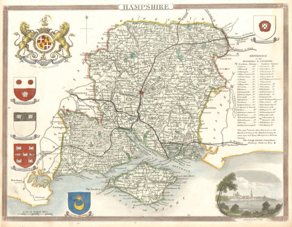 Hampshire antique hand-coloured county map by Thomas Moule c1840 old