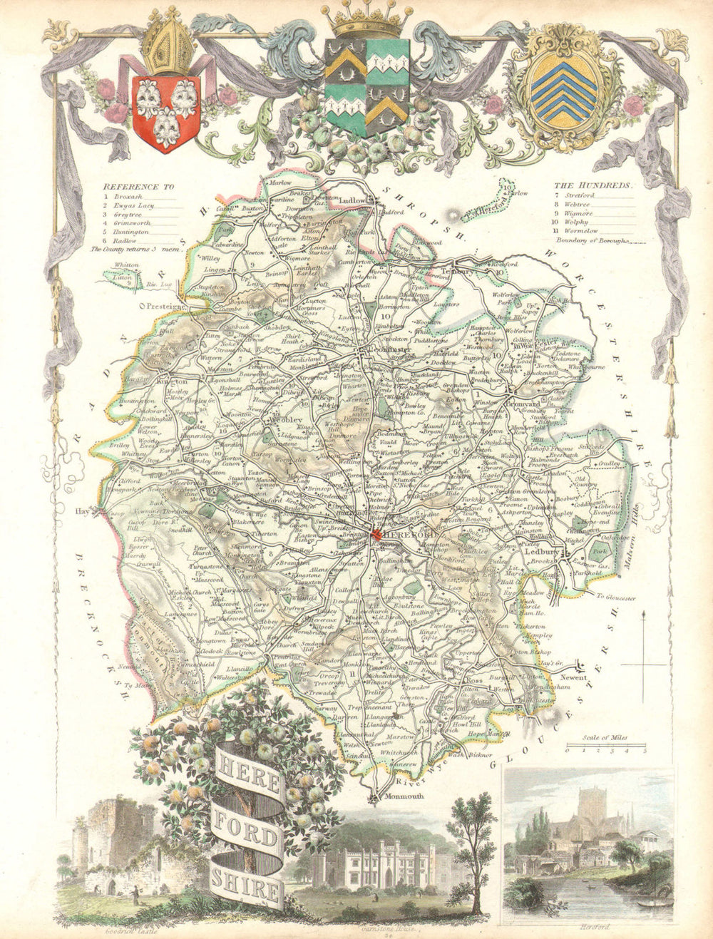 Herefordshire antique hand-coloured county map by Thomas Moule c1840 old