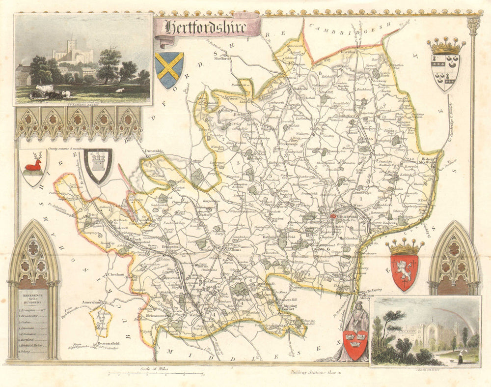 Hertfordshire antique hand-coloured county map by Thomas Moule c1840 old