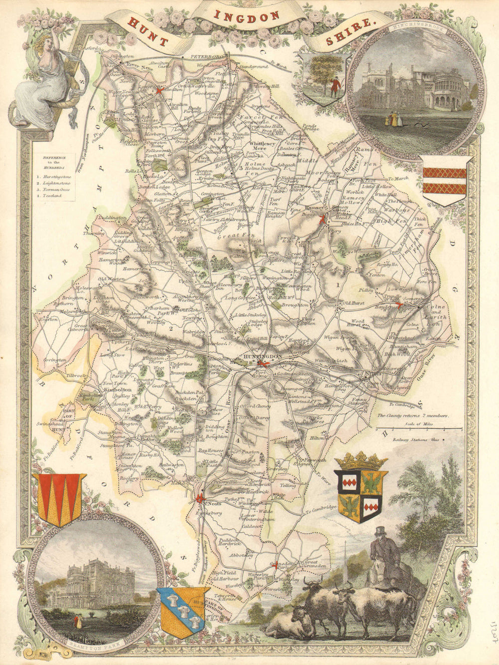 Huntingdonshire antique hand-coloured county map by Thomas Moule c1840 old