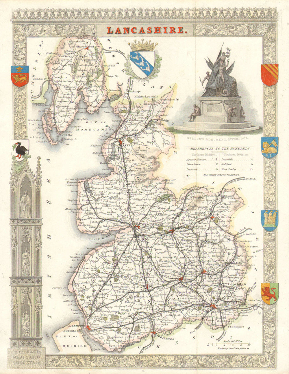 Lancashire antique hand-coloured county map by Thomas Moule c1840 old