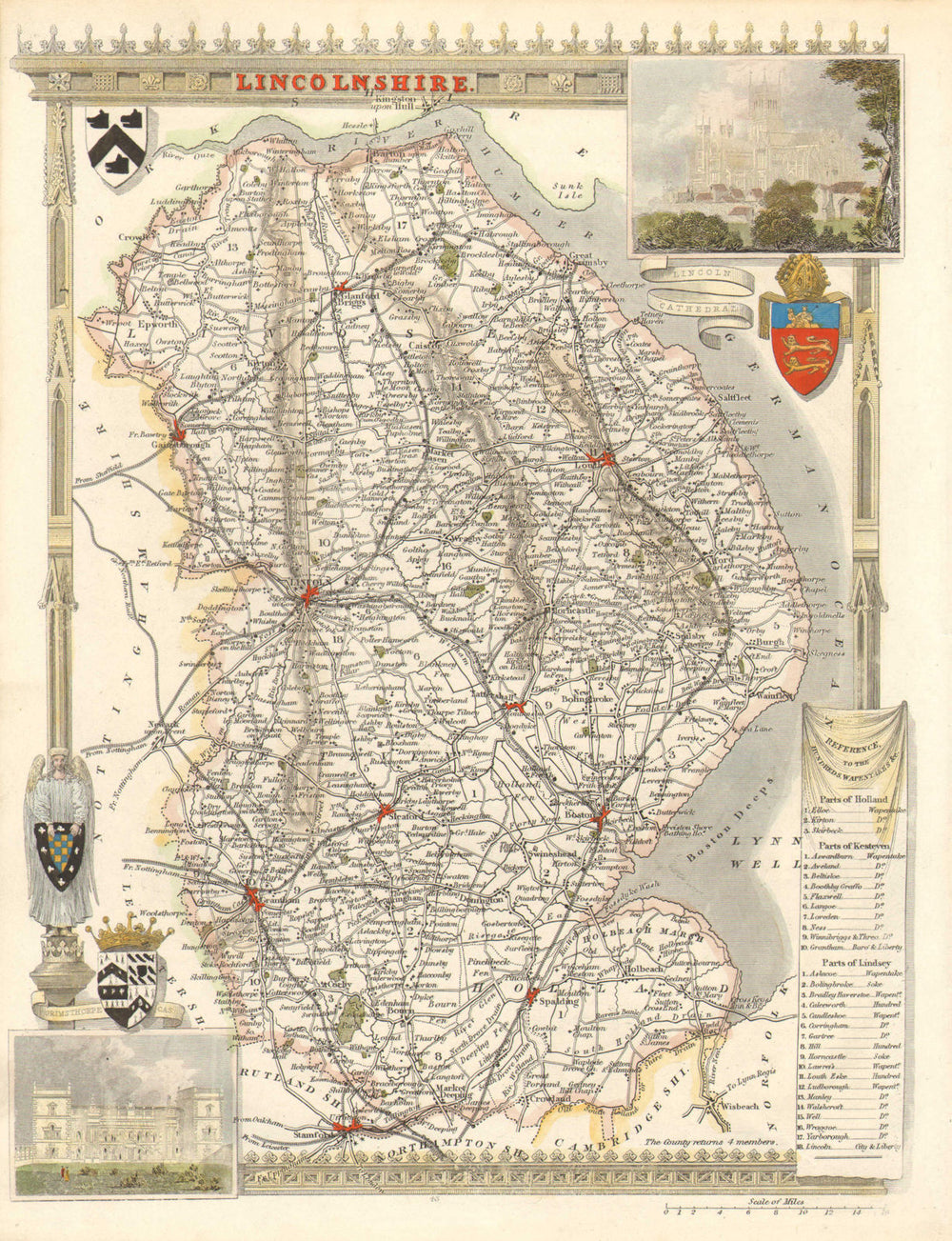 Lincolnshire antique hand-coloured county map by Thomas Moule c1840 old