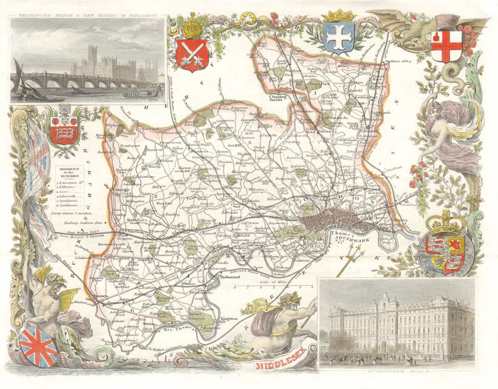 Middlesex antique hand-coloured county map by Thomas Moule c1840 old