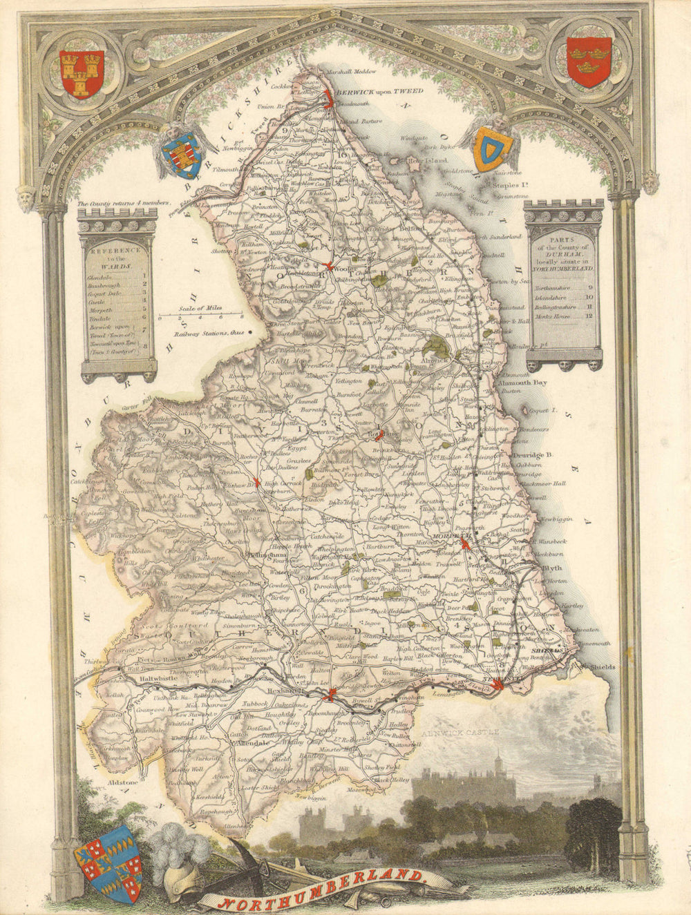 Northumberland antique hand-coloured county map by Thomas Moule c1840 old