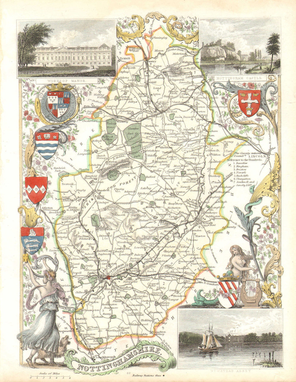 Nottinghamshire antique hand-coloured county map by Thomas Moule c1840 old