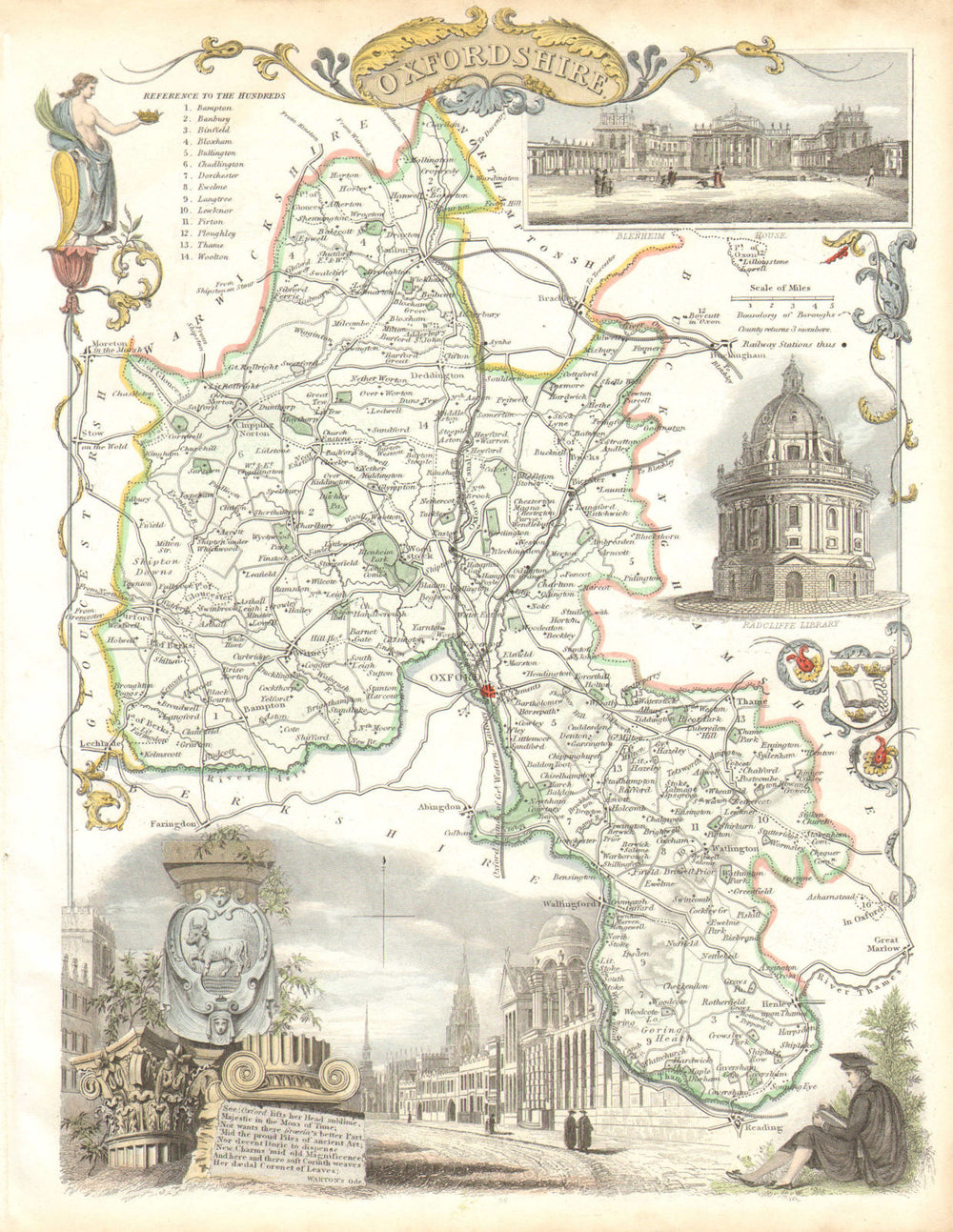 Oxfordshire antique hand-coloured county map by Thomas Moule c1840 old