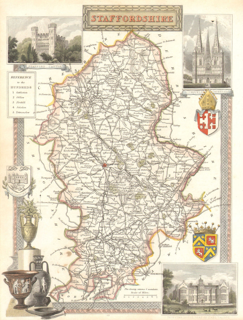 Staffordshire antique hand-coloured county map by Thomas Moule c1840 old