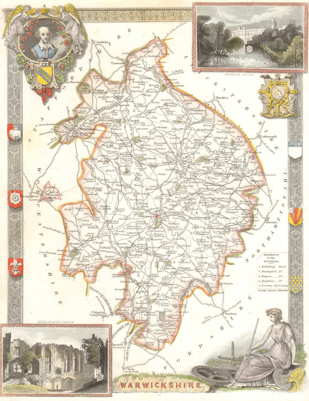 Warwickshire antique hand-coloured county map by Thomas Moule c1840 old