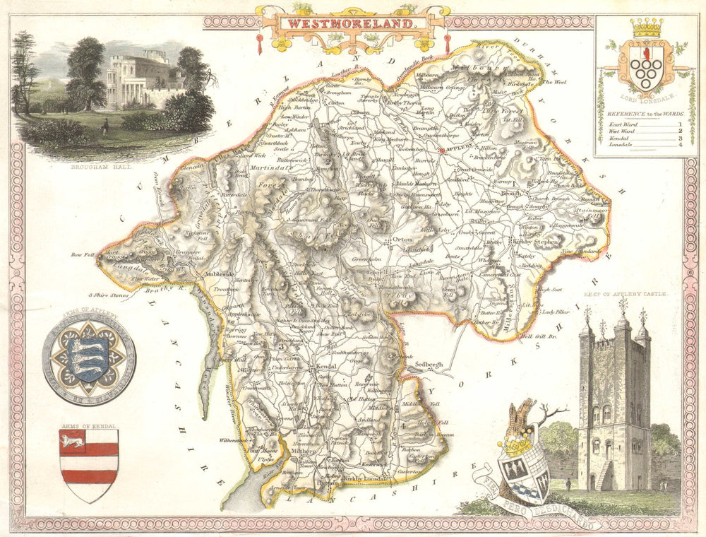 Westmoreland antique hand-coloured county map by Thomas Moule c1840 old