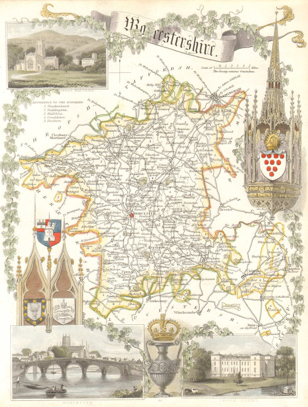 Worcestershire antique hand-coloured county map by Thomas Moule c1840 old